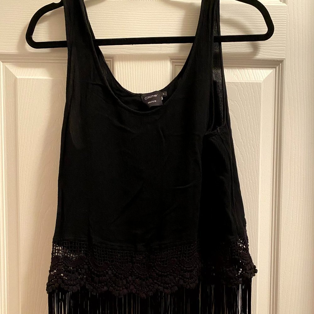 Sleeveless Tank Top with Lace Bottom and Fringe